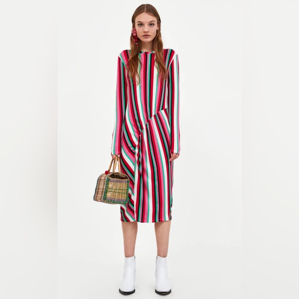 NWT Zara Long Sleeve Rainbow Striped Midi Dress S